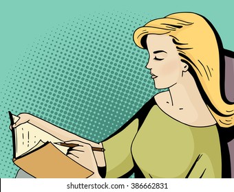 Pop art blonde woman seat and keep a diary. Comic girl hold a pen and write in a book. Vintage hand drawn vector illustration isolated on blue halftone background.