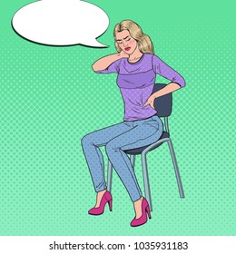 Pop Art Blonde Woman Suffering from Backache. Girl Feeling Unhealthy Sitting on the Chair. Vector illustration