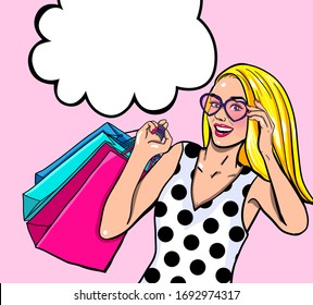 Pop art blonde woman in sunglasses with bags in her hands. Sale or discount advertising poster