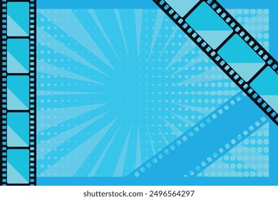 Pop art blue background with film strip. Cinema concept. Vector illustration