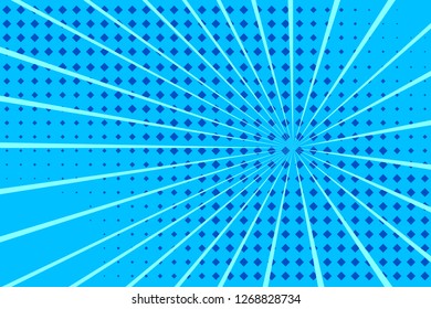 Pop art blue background, retro comic rays illustration