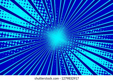 Pop art blue background, retro comic rays illustration