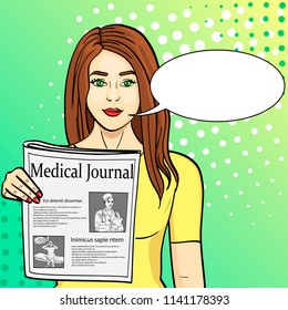 Pop art blue background. Young girl shows stretching newspaper with news. Journalism, medical journal. Vector illustration with text. text, bubble