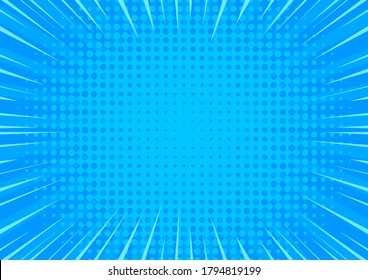 Pop art blue comics background. Abstract cartoon style halftone zoom banner.