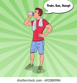 Pop Art Bodybuilder Drinking Protein Shake. Nutrition Supplements. Vector illustration