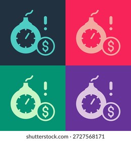 Pop art Bomb with a explosive burning fuse and the dollar currency icon isolated on color background. Economic crisis and business bankruptcy.  Vector