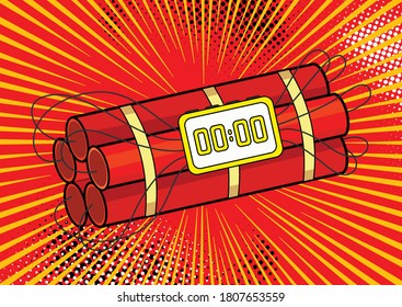 Pop art bomb on comic pop art retro style background. Terrorism is a danger of destruction. Wallpaper cartoon dynamite with detonator and clock at background with dots halftone and sunburst