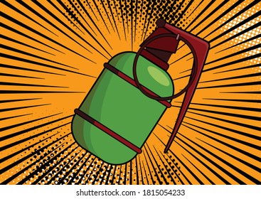 Pop art bomb on comic pop art retro style background. Terrorism is a danger of destruction. Wallpaper cartoon bomb at background with dots halftone and sunburst