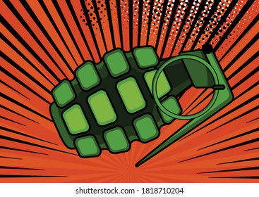Pop art bomb on comic pop art retro style background. Terrorism is a danger of destruction. Wallpaper cartoon bomb at background with dots halftone and sunburst