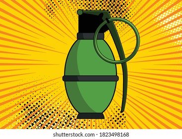 Pop-Art-Bombe auf Comic-Pop-Art-Retro-Hintergrund. Terrorismus ist eine Gefahr der Zerstörung. Cartoonbombe auf Tapete auf Hintergrund mit Punkten, Halbton und Sonnenbrand