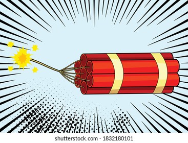 Pop-Art-Bombe auf Comic-Pop-Art-Retro-Hintergrund. Terrorismus ist eine Gefahr der Zerstörung. Tapete-Cartoon-Dynamit auf dem Hintergrund mit Punkt-Halbton und Sonnenbrand