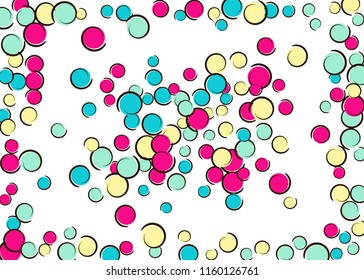 Pop art border with comic polka dot confetti. Big colored spots, spirals and circles on white. Vector illustration. Bright kids splatter for birthday party. Rainbow pop art border.