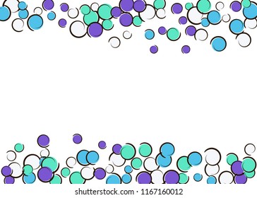 Pop art border with comic polka dot confetti. Big colored spots, spirals and circles on white. Vector illustration. Hipster childish splash for birthday party. Rainbow pop art border.
