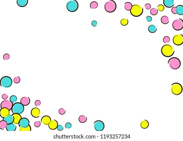 Pop art border with comic polka dot confetti. Big colored spots, spirals and circles on white. Vector illustration. Stylish childish splash for birthday party. Rainbow pop art border.