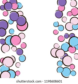 Pop art border with comic polka dot confetti. Big colored spots, spirals and circles on white. Vector illustration. Multicolor kids splatter for birthday party. Rainbow pop art border.