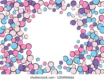 Pop art border with comic polka dot confetti. Big colored spots, spirals and circles on white. Vector illustration. Retro childish splash for birthday party. Rainbow pop art border.