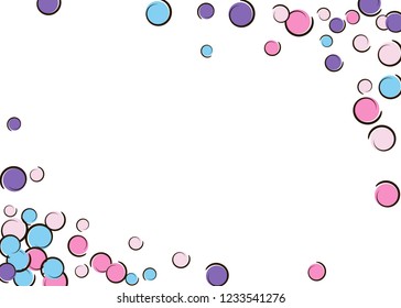 Pop art border with comic polka dot confetti. Big colored spots, spirals and circles on white. Vector illustration. Creative kids splatter for birthday party. Rainbow pop art border.