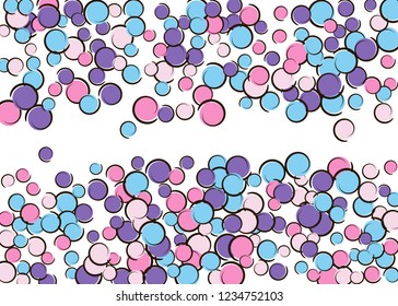 Pop art border with comic polka dot confetti. Big colored spots, spirals and circles on white. Vector illustration. Hipster childish splash for birthday party. Rainbow pop art border.