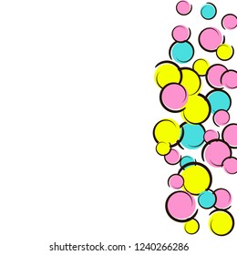 Pop art border with comic polka dot confetti. Big colored spots, spirals and circles on white. Vector illustration. Retro childish splash for birthday party. Rainbow pop art border.