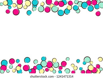 Pop art border with comic polka dot confetti. Big colored spots, spirals and circles on white. Vector illustration. Creative childish splash for birthday party. Rainbow pop art border.