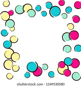 Pop art border with comic polka dot confetti. Big colored spots, spirals and circles on white. Vector illustration. Trendy childish splash for birthday party. Rainbow pop art border.