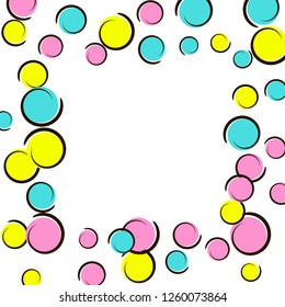 Pop art border with comic polka dot confetti. Big colored spots, spirals and circles on white. Vector illustration. Vibrant childish splash for birthday party. Rainbow pop art border.