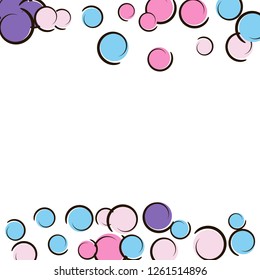 Pop art border with comic polka dot confetti. Big colored spots, spirals and circles on white. Vector illustration. Colorful childish splash for birthday party. Rainbow pop art border.