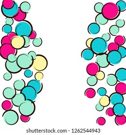Pop art border with comic polka dot confetti. Big colored spots, spirals and circles on white. Vector illustration. Spectrum childish splash for birthday party. Rainbow pop art border.