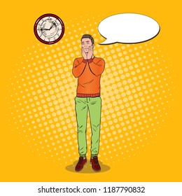 Pop Art Boring Young Man Looking at the Clock. Facial Expression. Tired Guy. Vector illustration