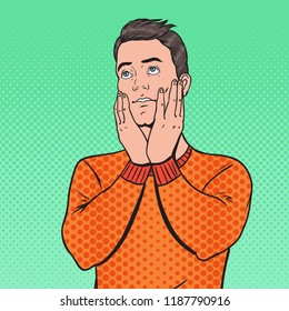 Pop Art Boring Young Man. Facial Expression. Tired Guy. Vector illustration