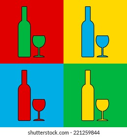 Pop art bottle and glasse symbol. Vector illustration.