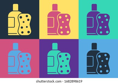 Pop art Bottle of shampoo and sponge icon isolated on color background.  Vector Illustration