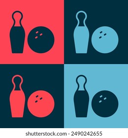 Pop-Art Bowling-Pin und Ball-Icon auf farbigem Hintergrund isoliert. Sportgeräte.  Vektorgrafik