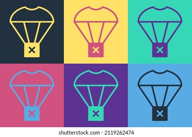 Pop art Box flying on parachute icon isolated on color background. Parcel with parachute for shipping. Delivery service, air shipping.  Vector