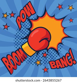 Pop Art Boxing Glove Punch with Comic Explosion and Retro Sound Effects Illustration