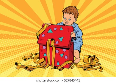 Pop art boy opens the gift box