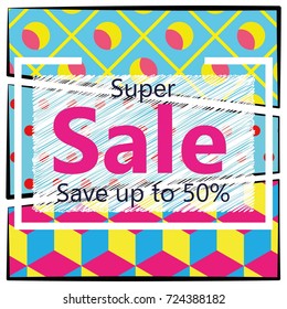 Pop art bright background with inscription Super Sale. Sale banner. Seasonal sale.Dotted pattern. Geometric seamless pattern. Pop art background. Vector illustration.