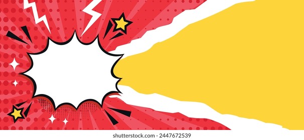 Pop art bright banner with speech bubble cloud and torn paper. Comic background with dots, stripes, stars and lightning. Vector illustration