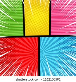 Pop art bright composition with black dividing lines radial striped halftone and white rays humor effects. Blank template. Vector illustration