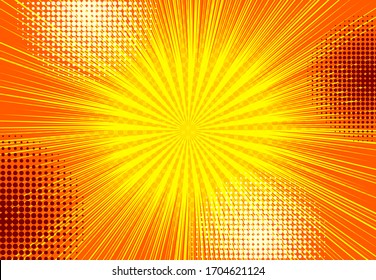 Pop art bright explosive concept with comic radial beams and halftone effects. Vector illustration