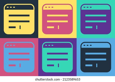 Icono de ventana del navegador de arte pop aislado en el fondo del color.  Vector