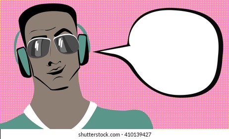 Pop art brunette swarthy man in headphones with speech bubble. Graphic image for comics, advertising, advice to show thought and speech. 
