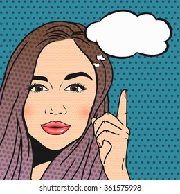 Pop art brunette woman thinking and pointing upwords on thought cloud for your message. Rertro wise woman in comic style, vector illustration.