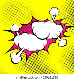 Pop art bubble collision abstract retro background displaying two confrontation steam explosion clouds over yellow dotted background. Vector illustration
