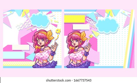 Pop art bubble girl ,Vector templates set
Girl 80s fashion
and the backdrop is a modern abstract graphic retro 80s style.
Template with empty place for text. Cartoon style vector illustration