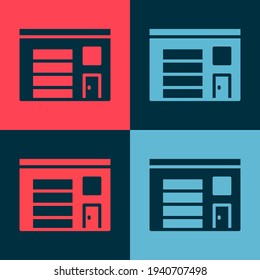Pop art Building of fire station icon isolated on color background. Fire department building.  Vector