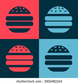 Pop art Burger icon isolated on color background. Hamburger icon. Cheeseburger sandwich sign. Fast food menu.  Vector