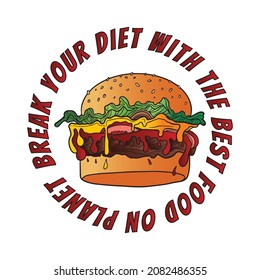 pop art burger illustration vector with slogan