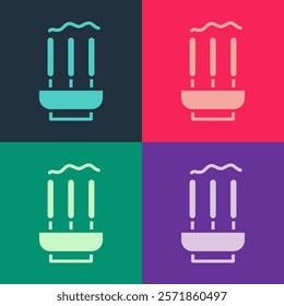 Pop art Burning aromatic incense sticks icon isolated on color background.  Vector