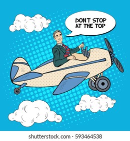 Pop Art Business Man Riding Airplane with Comic Speech Bubble. Vector illustration